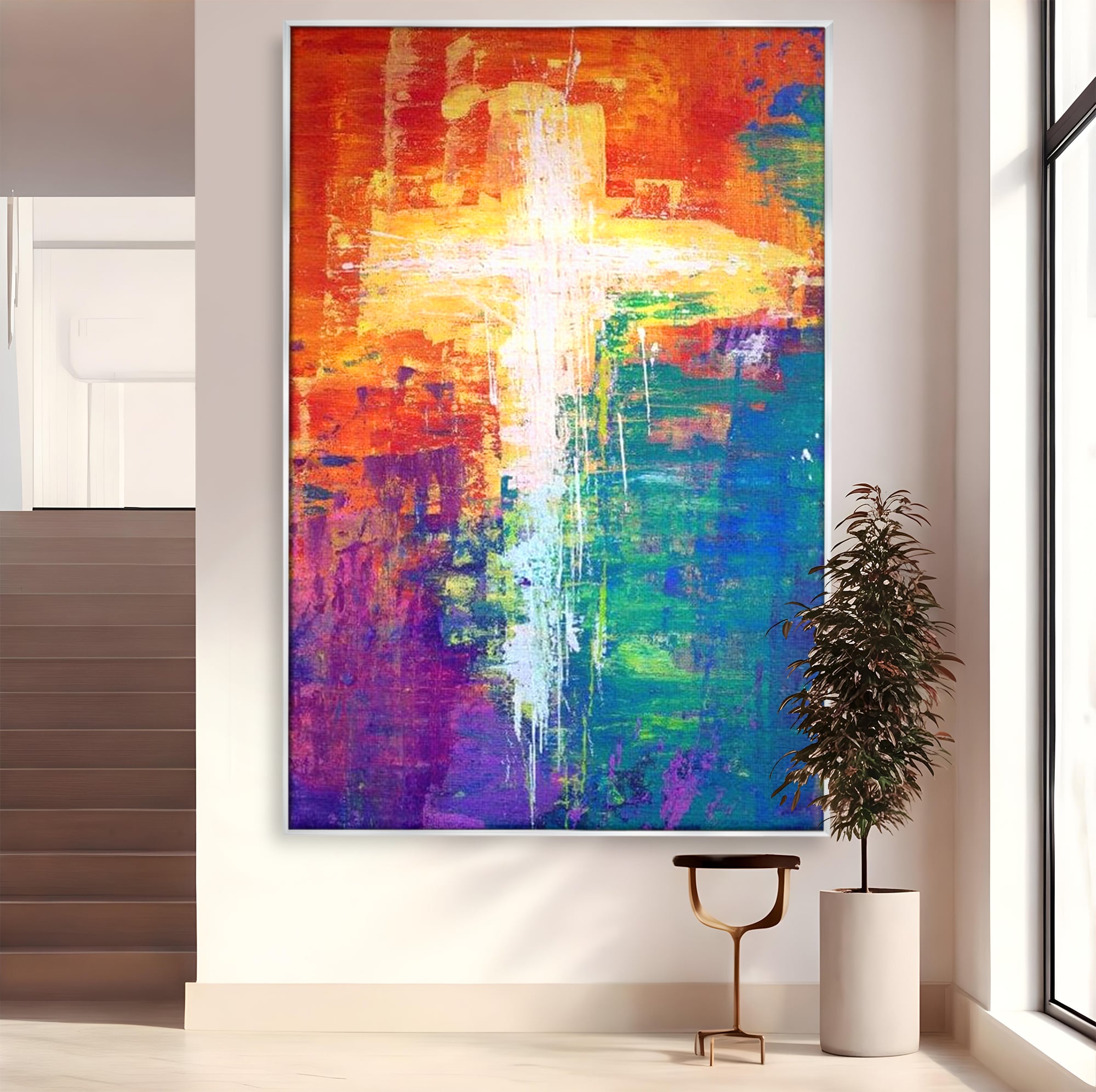 Tablou canvas cu tablou pictat cu o cruce luminoasa, in rama de aluminiu argintiu